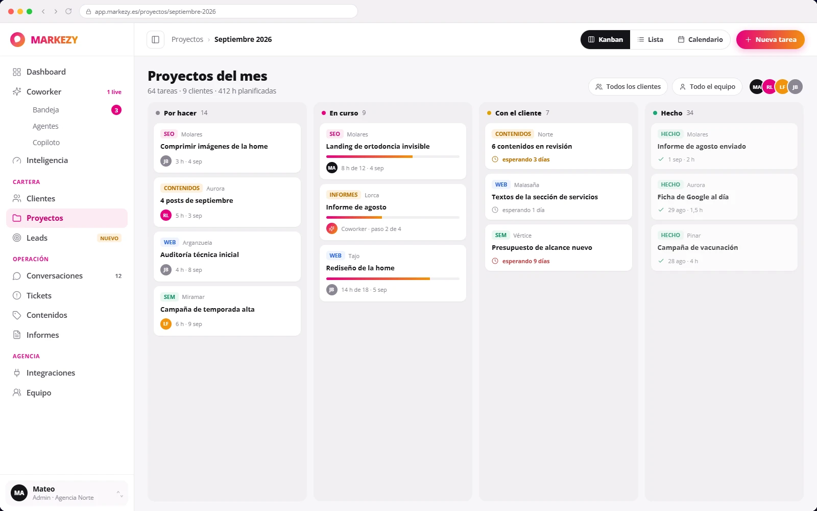 Proyectos y tareas — captura real de MARKEZY