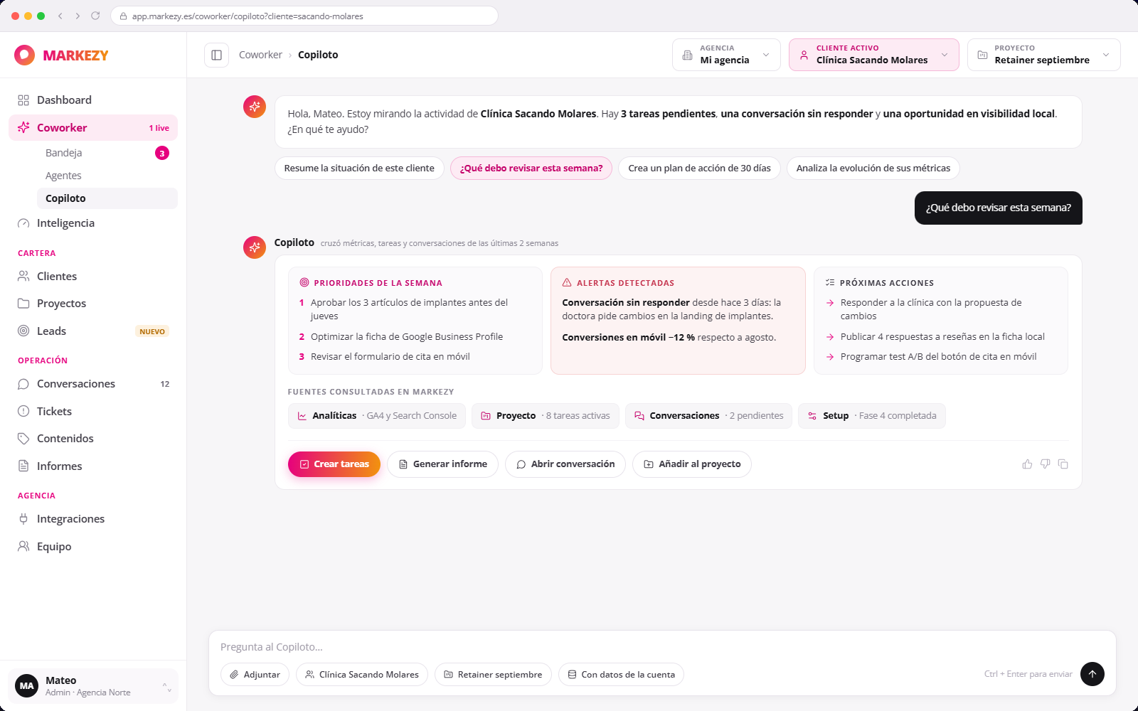 Copilot · Prioridades del cliente — vista de MARKEZY