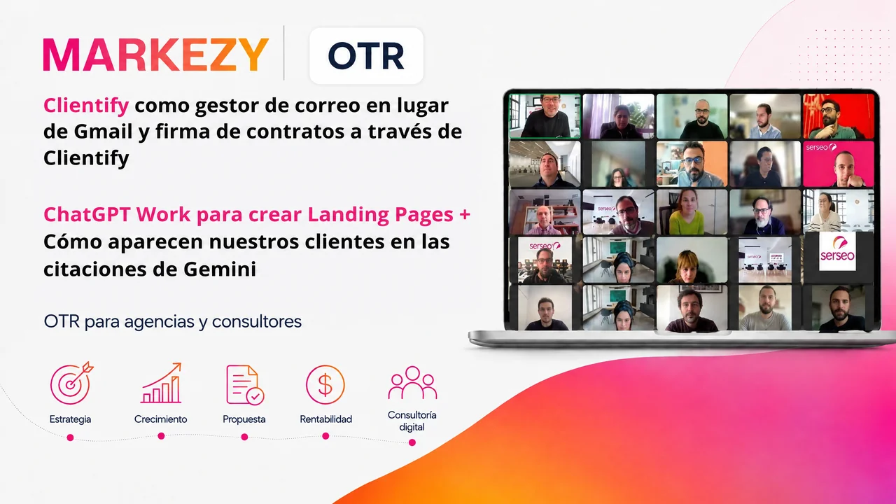 Carátula OTR de Markezy: correo y contratos con Clientify, landing pages con ChatGPT Work y citaciones en Gemini