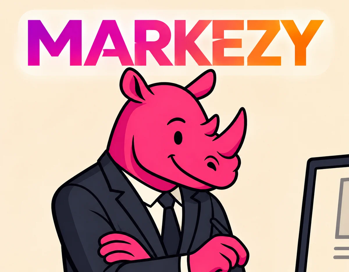 Rinoceronte rosa sonriente de la comunidad RINO de Markezy, con traje ante su ordenador